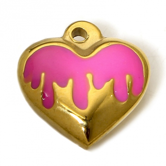 Picture of 1 Piece 304 Stainless Steel Charms 18K Gold Color Fuchsia Heart Enamel 17mm x 16.5mm