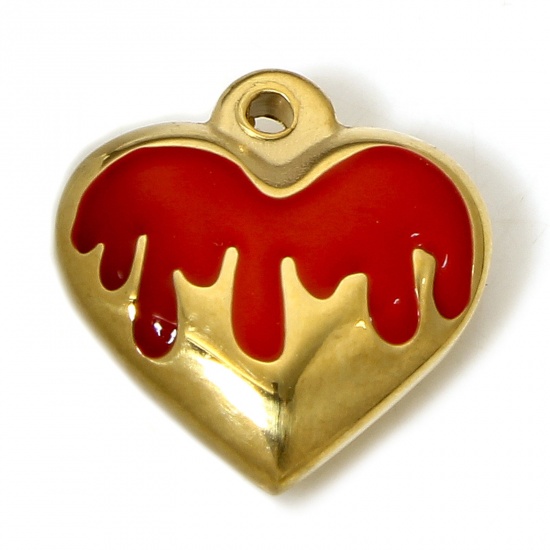 Picture of 1 Piece 304 Stainless Steel Charms 18K Gold Color Red Heart Enamel 17mm x 16.5mm