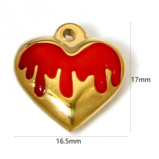 Image de 1 Pièce Breloques en 304 Acier Inoxydable Cœur Plaqué Or 18K Rouge Émail 17mm x 16.5mm