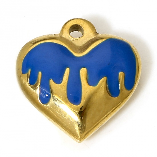 Picture of 1 Piece 304 Stainless Steel Charms 18K Gold Color Dark Blue Heart Enamel 17mm x 16.5mm