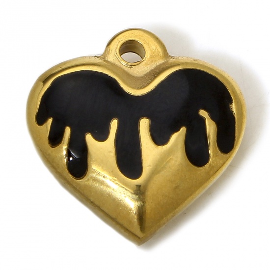 Picture of 1 Piece 304 Stainless Steel Charms 18K Gold Color Black Heart Enamel 17mm x 16.5mm