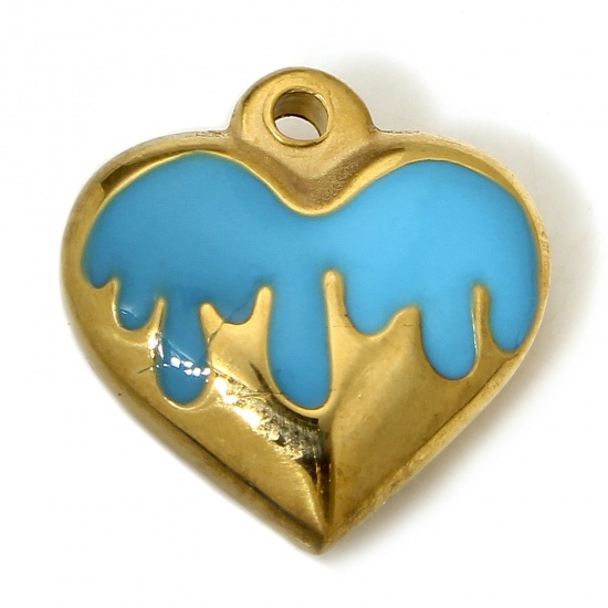 Picture of 1 Piece 304 Stainless Steel Charms 18K Gold Color Light Blue Heart Enamel 17mm x 16.5mm
