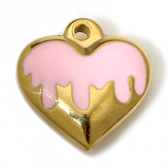 Picture of 1 Piece 304 Stainless Steel Charms 18K Gold Color Pink Heart Enamel 17mm x 16.5mm