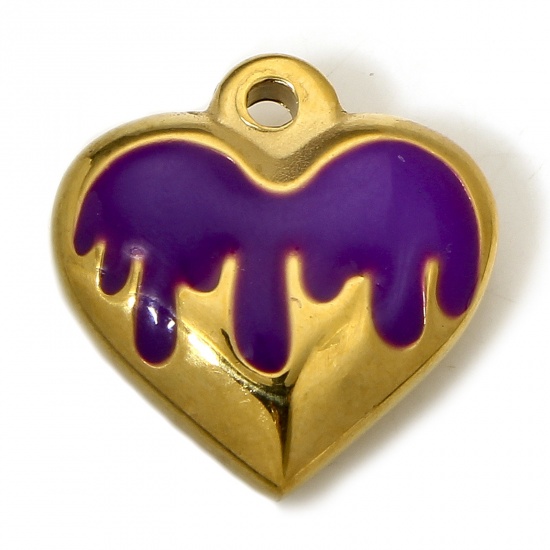 Picture of 1 Piece 304 Stainless Steel Charms 18K Gold Color Purple Heart Enamel 17mm x 16.5mm