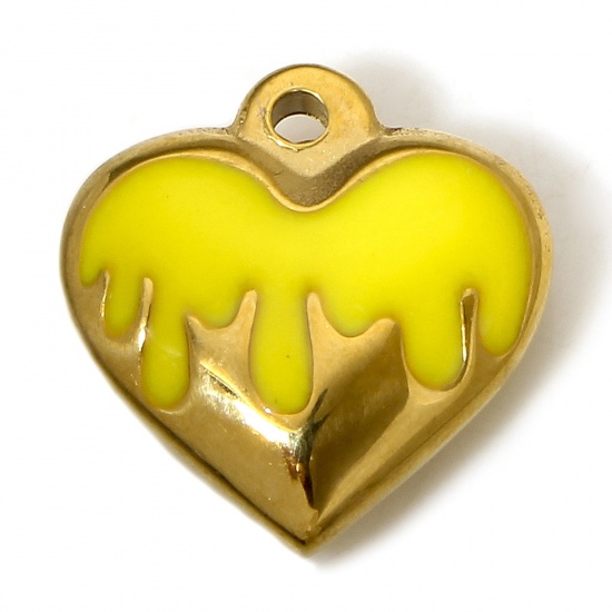 Picture of 1 Piece 304 Stainless Steel Charms 18K Gold Color Yellow Heart Enamel 17mm x 16.5mm