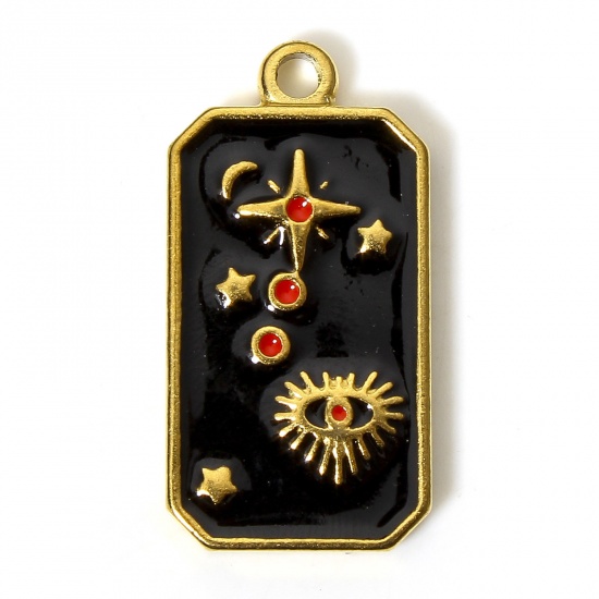 Picture of 1 Piece 304 Stainless Steel Galaxy Charms 18K Gold Color Black Octagon Eye Enamel 26mm x 13mm