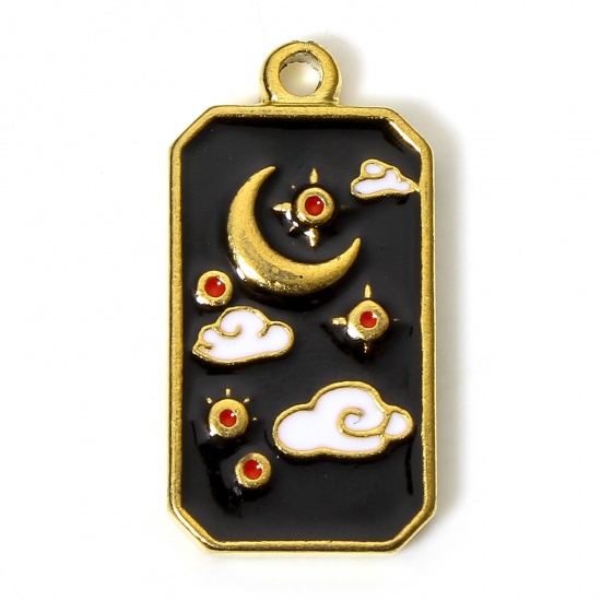 Picture of 1 Piece 304 Stainless Steel Galaxy Charms 18K Gold Color Black Octagon Moon Enamel 26mm x 13mm