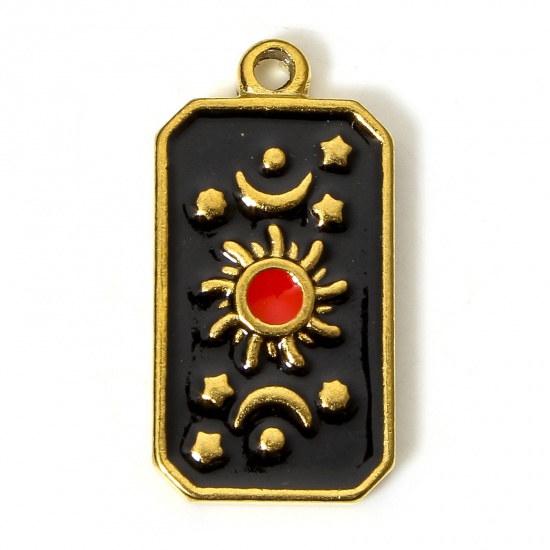 Picture of 1 Piece 304 Stainless Steel Galaxy Charms 18K Gold Color Black Octagon Sun Enamel 26mm x 13mm
