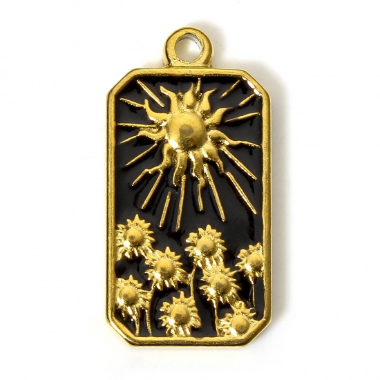 Picture of 1 Piece 304 Stainless Steel Galaxy Charms 18K Gold Color Black Octagon Sunflower Enamel 26mm x 13mm