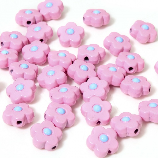 Picture of 10 PCs Zinc Based Alloy Flora Collection Spacer Beads For DIY Charm Jewelry Making Pink Flower Enamel About 10mm x 10mm, Hole: Approx 1.4mm