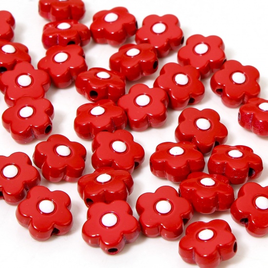 Picture of 10 PCs Zinc Based Alloy Flora Collection Spacer Beads For DIY Charm Jewelry Making Red Flower Enamel About 10mm x 10mm, Hole: Approx 1.4mm