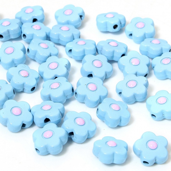 Picture of 10 PCs Zinc Based Alloy Flora Collection Spacer Beads For DIY Charm Jewelry Making Blue Flower Enamel About 10mm x 10mm, Hole: Approx 1.4mm