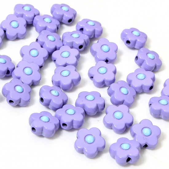 Picture of 10 PCs Zinc Based Alloy Flora Collection Spacer Beads For DIY Charm Jewelry Making Purple Flower Enamel About 10mm x 10mm, Hole: Approx 1.4mm