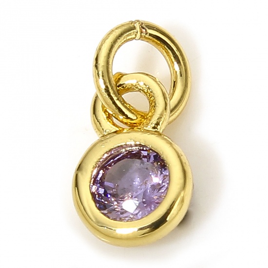 Picture of 5 PCs Brass Charms 18K Real Gold Plated Round Purple Cubic Zirconia 9mm x 4mm
