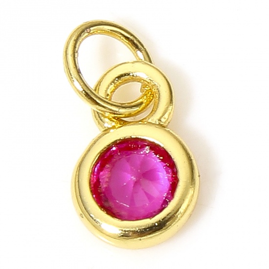 Picture of 5 PCs Brass Charms 18K Real Gold Plated Round Fuchsia Cubic Zirconia 9mm x 4mm