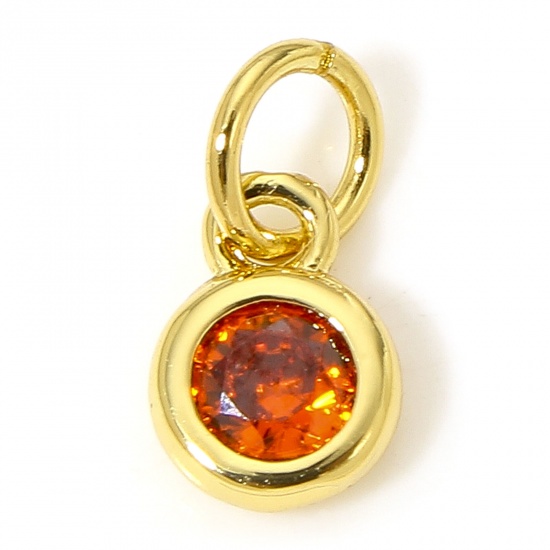 Picture of 5 PCs Brass Charms 18K Real Gold Plated Round Amber Cubic Zirconia 9mm x 4mm