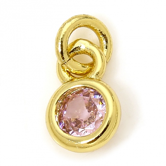 Picture of 5 PCs Brass Charms 18K Real Gold Plated Round Light Pink Cubic Zirconia 9mm x 4mm