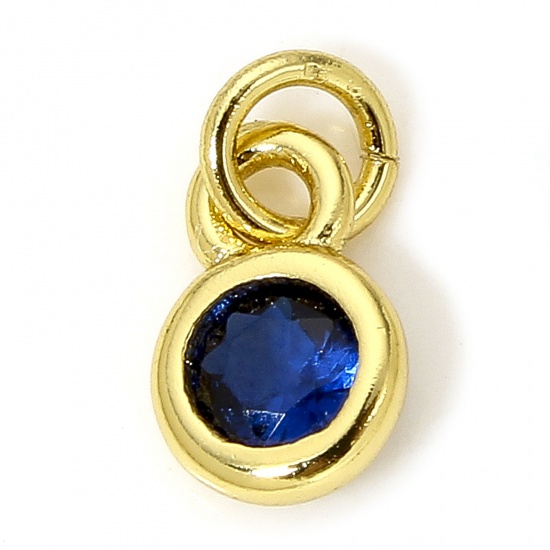 Picture of 5 PCs Brass Charms 18K Real Gold Plated Round Deep Blue Cubic Zirconia 9mm x 4mm
