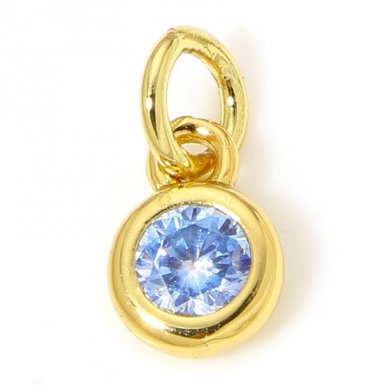 Picture of 5 PCs Brass Charms 18K Real Gold Plated Round Light Blue Cubic Zirconia 9mm x 4mm