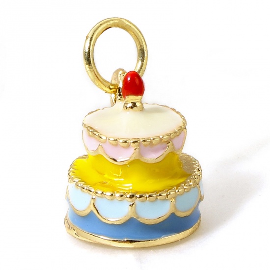 Picture of 1 Piece Brass Charms 18K Real Gold Plated Enamel Multicolor Cake Food 3D 12.5mm x 9mm