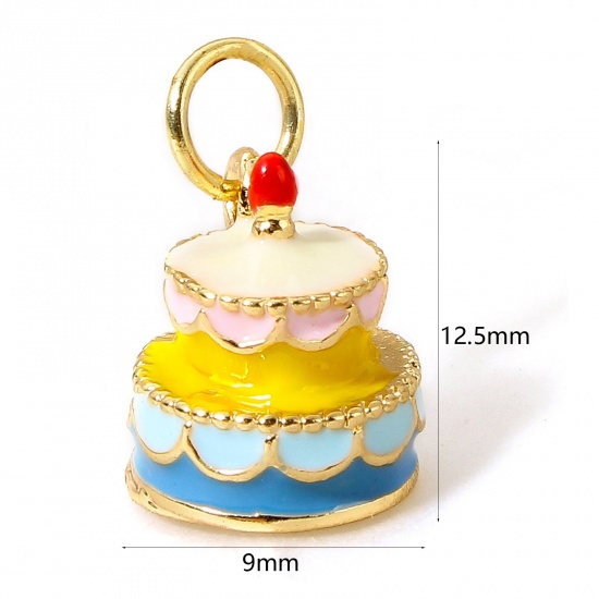 Picture of 1 Piece Brass Charms 18K Real Gold Plated Enamel Multicolor Cake Food 3D 12.5mm x 9mm