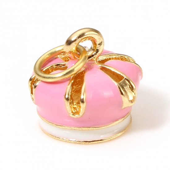 Picture of 1 Piece Brass Clothes Charms 18K Real Gold Plated Pink Crown 3D 12.5mm x 10mm