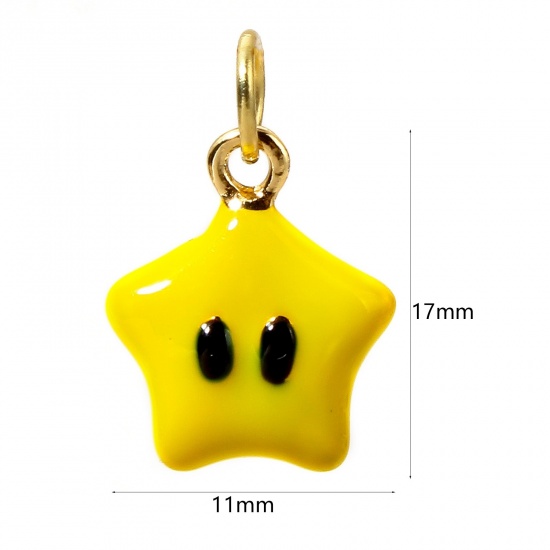 Picture of 1 Piece Brass Galaxy Charms 18K Real Gold Plated Yellow Pentagram Star 3D 17mm x 11mm