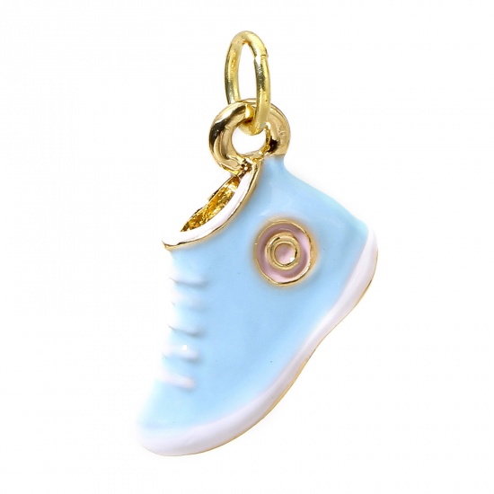 Picture of 1 Piece Brass Clothes Charms 18K Real Gold Plated Blue Shoes 3D 16mm x 14mm