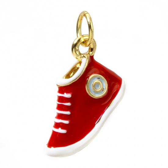 Picture of 1 Piece Brass Clothes Charms 18K Real Gold Plated Red Shoes 3D 16mm x 14mm