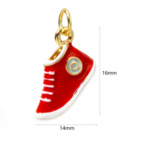 Picture of 1 Piece Brass Clothes Charms 18K Real Gold Plated Red Shoes 3D 16mm x 14mm