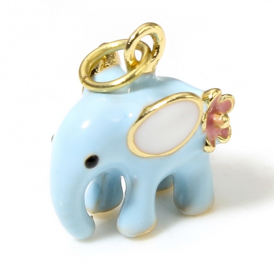 Picture of 1 Piece Brass Charms 18K Real Gold Plated Enamel Blue Elephant Animal 3D 18mm x 15mm