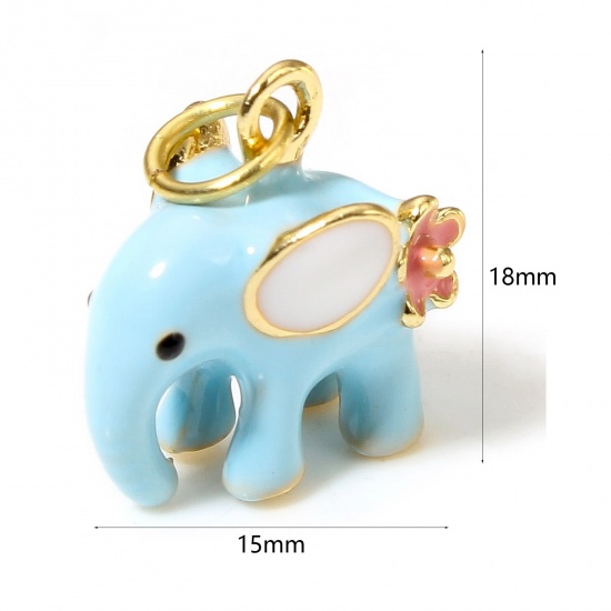 Picture of 1 Piece Brass Charms 18K Real Gold Plated Enamel Blue Elephant Animal 3D 18mm x 15mm