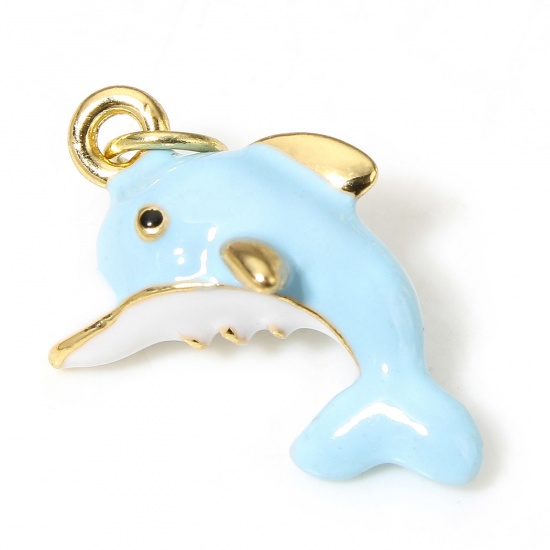 Picture of 1 Piece Brass Ocean Jewelry Charms 18K Real Gold Plated Blue Dolphin Animal 3D 24mm x 14mm
