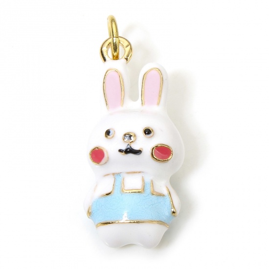 Picture of 1 Piece Brass Easter Day Charms 18K Real Gold Plated Multicolor Rabbit Animal 3D 23mm x 9mm