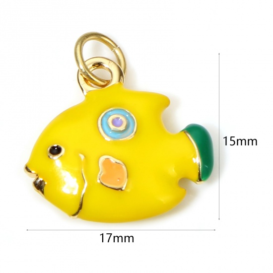 Picture of 1 Piece Brass Ocean Jewelry Charms 18K Real Gold Plated Yellow Fish Animal 3D 17mm x 15mm