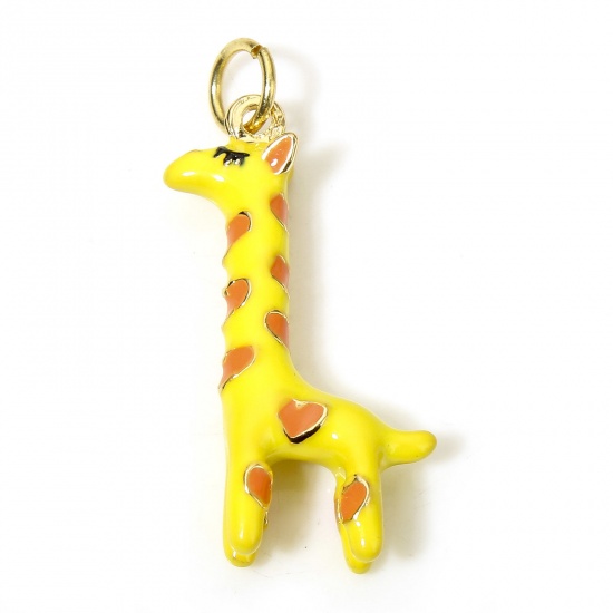 Picture of 1 Piece Brass Charms 18K Real Gold Plated Enamel Yellow Giraffe Animal 3D 27mm x 14mm