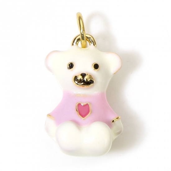 Picture of 1 Piece Brass Charms 18K Real Gold Plated Enamel Creamy-White & Pink Bear Animal 3D 19mm x 10mm