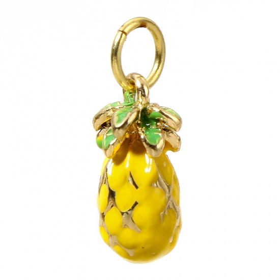 Picture of 1 Piece Brass Charms 18K Real Gold Plated Enamel Yellow Pineapple/ Ananas Fruit 3D 16mm x 6mm