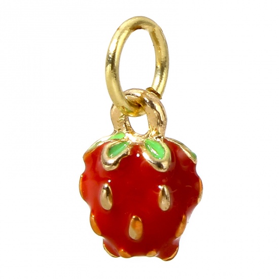 Picture of 1 Piece Brass Charms 18K Real Gold Plated Enamel Red Strawberry Fruit 3D 12mm x 6mm