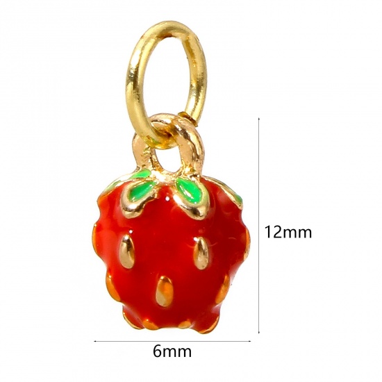 Picture of 1 Piece Brass Charms 18K Real Gold Plated Enamel Red Strawberry Fruit 3D 12mm x 6mm