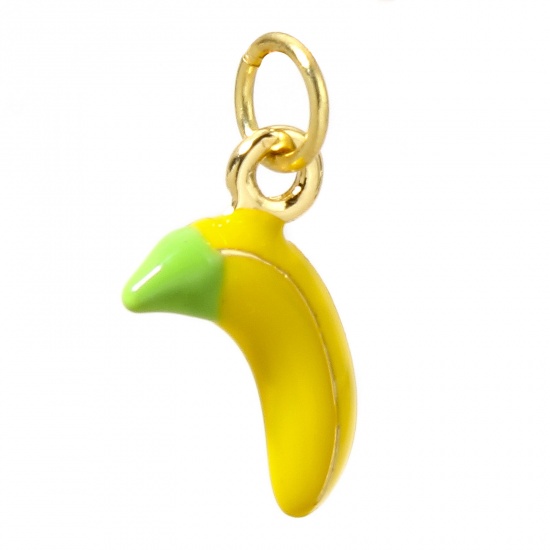 Picture of 1 Piece Brass Charms 18K Real Gold Plated Enamel Yellow Banana Fruit 3D 16mm x 9mm