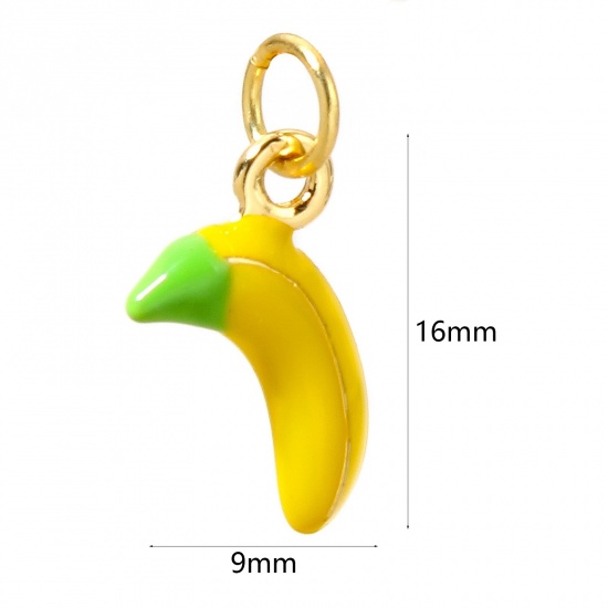 Picture of 1 Piece Brass Charms 18K Real Gold Plated Enamel Yellow Banana Fruit 3D 16mm x 9mm