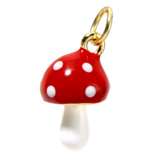 Picture of 1 Piece Brass Charms 18K Real Gold Plated Enamel White & Red Mushroom 3D 18mm x 9mm