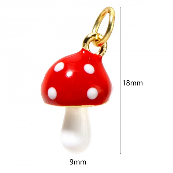 Picture of 1 Piece Brass Charms 18K Real Gold Plated Enamel White & Red Mushroom 3D 18mm x 9mm