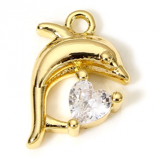 Picture of 2 PCs Brass Ocean Jewelry Charms 18K Gold Plated Dolphin Animal Clear Cubic Zirconia 14mm x 9mm