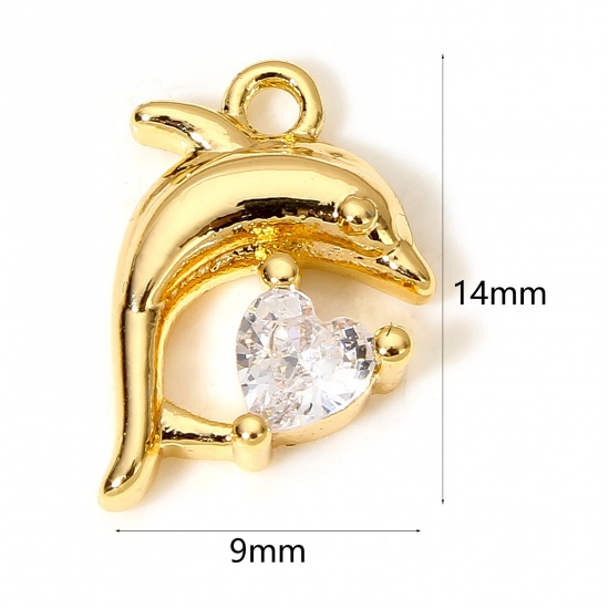 Immagine di 2 Pz Ottone Gioielli Oceanici Charms Delfino Placcato Oro 18K Trasparente Cubic Zirconiae 14mm x 9mm