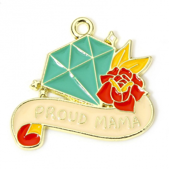 Picture of 10 PCs Zinc Based Alloy Mother's Day Charms Gold Plated Multicolor Flower Diamond Shape Message " Proud Mama " Enamel 26mm x 23mm