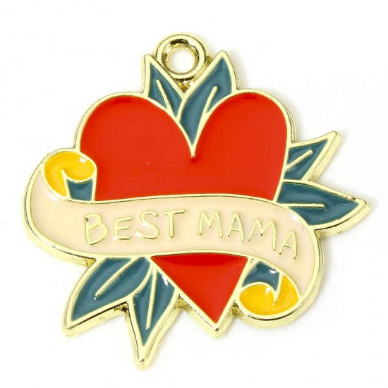 Picture of 10 PCs Zinc Based Alloy Mother's Day Charms Gold Plated Multicolor Heart Leaf Message " Best Mama " Enamel 25mm x 25mm