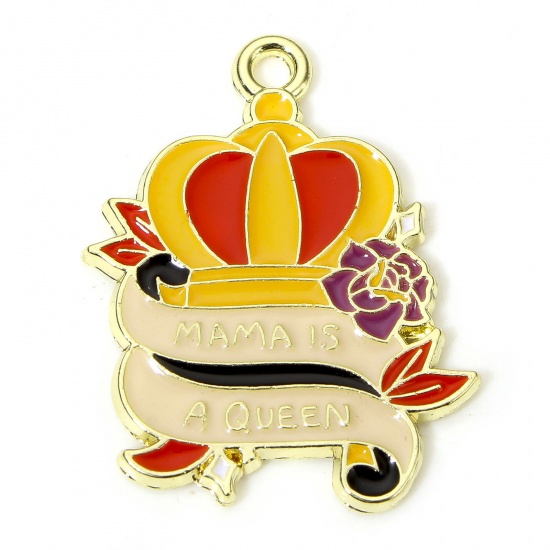 Picture of 10 PCs Zinc Based Alloy Mother's Day Charms Gold Plated Multicolor Crown Flower Message " Mama Is A Queen " Enamel 26mm x 20mm