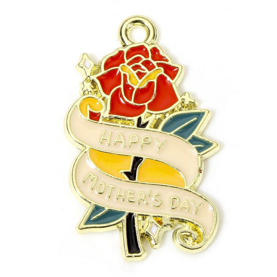 Picture of 10 PCs Zinc Based Alloy Mother's Day Charms Gold Plated Multicolor Rose Flower Message " Happy Mother's Day " Enamel 27mm x 17mm